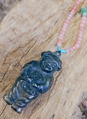 清代老白铜童子娃娃设计款冰飘南红葫芦莲蓬项链孤品！不响！