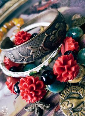 地中海民族风海洋动物陶瓷手串纹银手环景泰蓝手镯不规则玛瑙手链