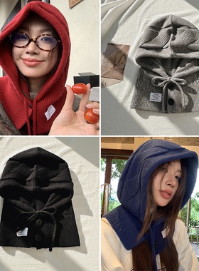 秋冬新款巴拉克拉法帽纽扣抽绳护耳帽子韩国针织大麻花围脖一体帽