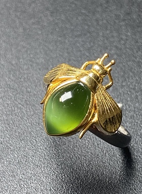 银镶和田玉碧玉戒指时尚女式开口戒指 蜜蜂