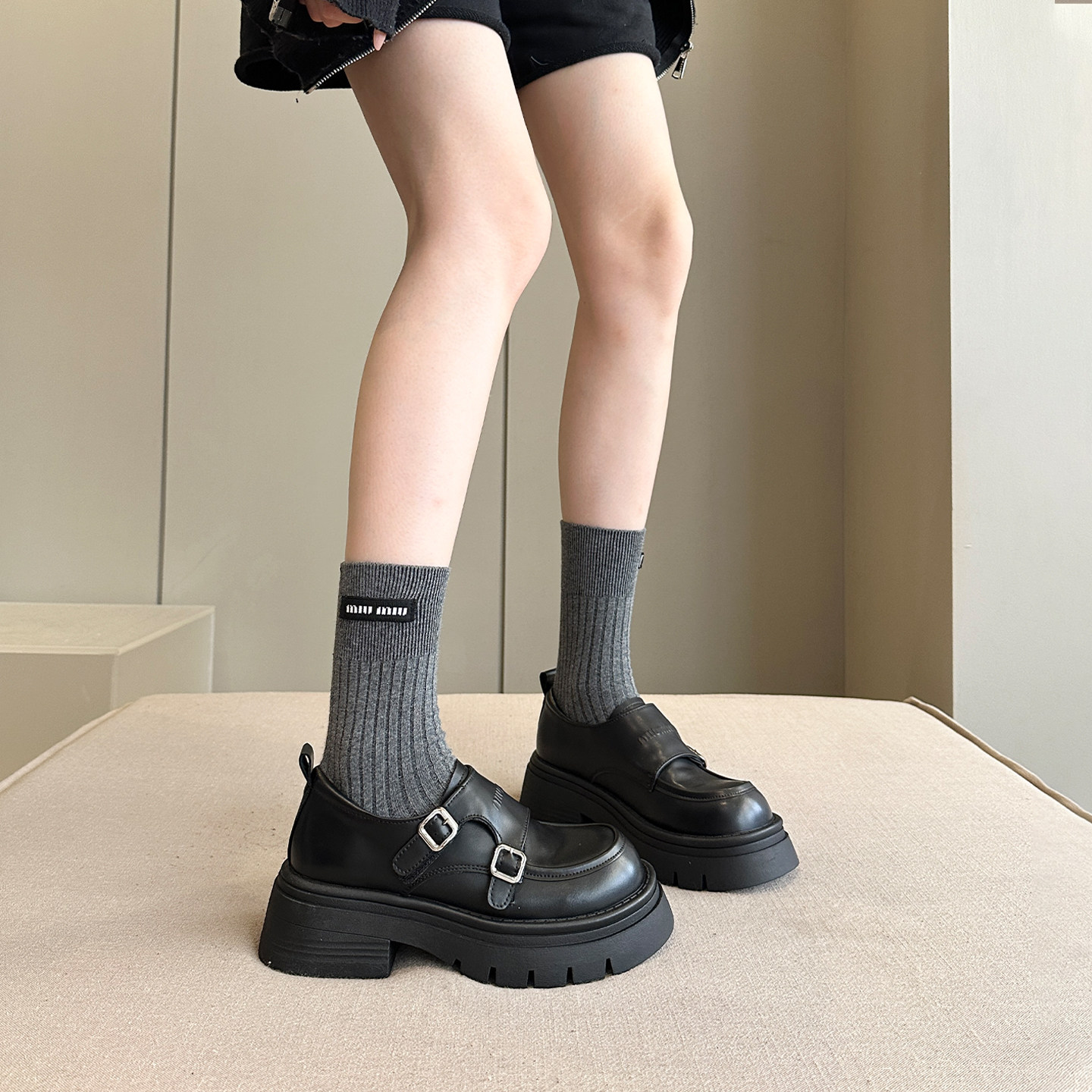 堆堆袜阔腿裤绝搭~秋新款真皮厚底增高英伦风jk小皮鞋女鞋乐福鞋,淘宝优惠券,粉丝福利购,淘宝优惠卷