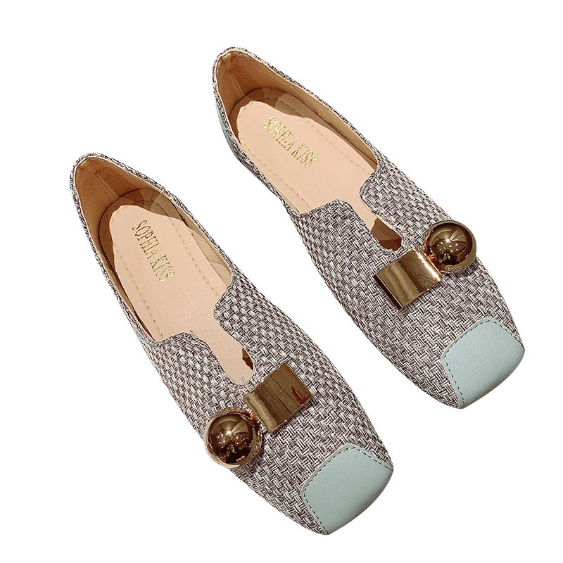 2024年新款金属扣编织面复古方头软底豆豆鞋舒适百搭平底鞋奶奶鞋