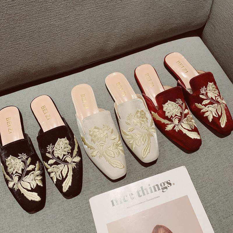 国风新中式包头刺绣旗袍鞋低跟凉拖鞋女2025春夏穆勒粗跟半拖女鞋,淘宝优惠券,粉丝福利购,淘宝优惠卷