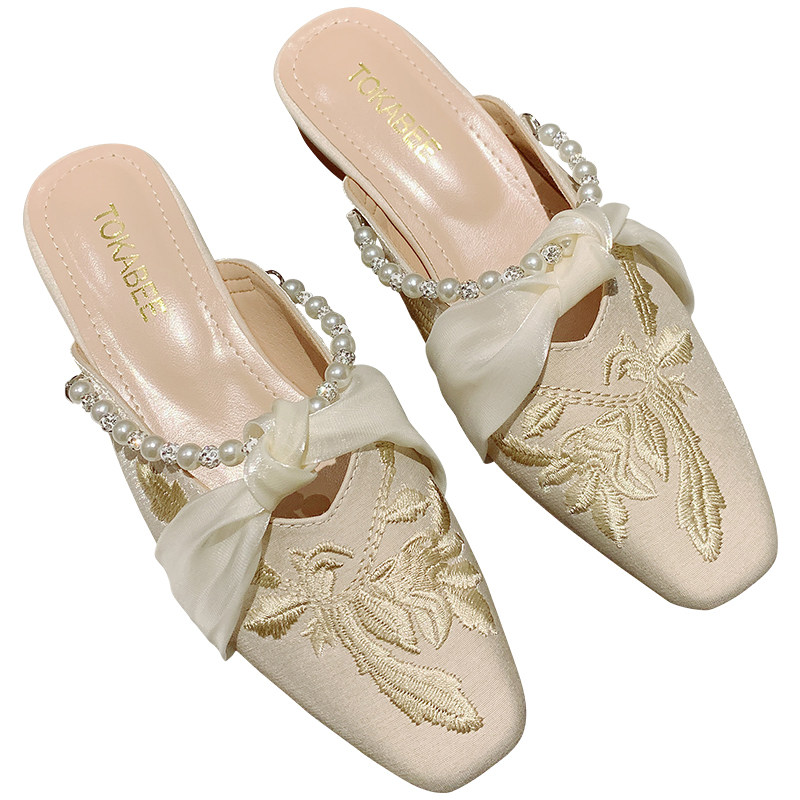 2025年年新款国风刺绣布面低跟包头拖鞋女温柔晚晚珍珠旗袍仙女鞋,淘宝优惠券,粉丝福利购,淘宝优惠卷