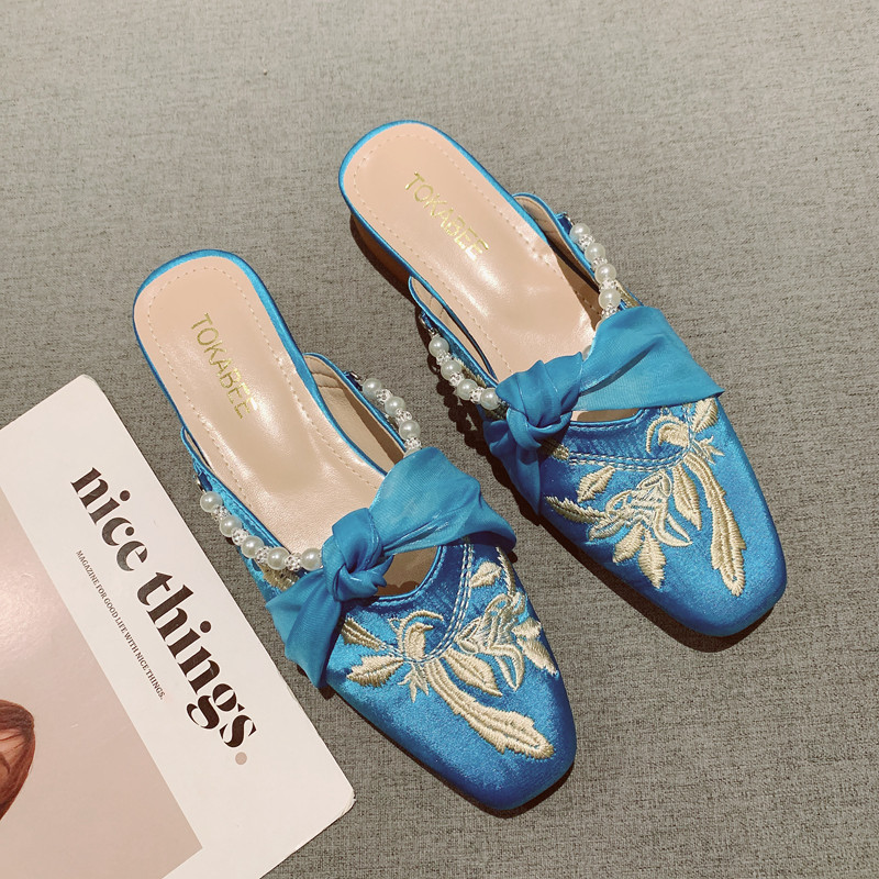 2025年年新款国风刺绣布面低跟包头拖鞋女温柔晚晚珍珠旗袍仙女鞋,淘宝优惠券,粉丝福利购,淘宝优惠卷