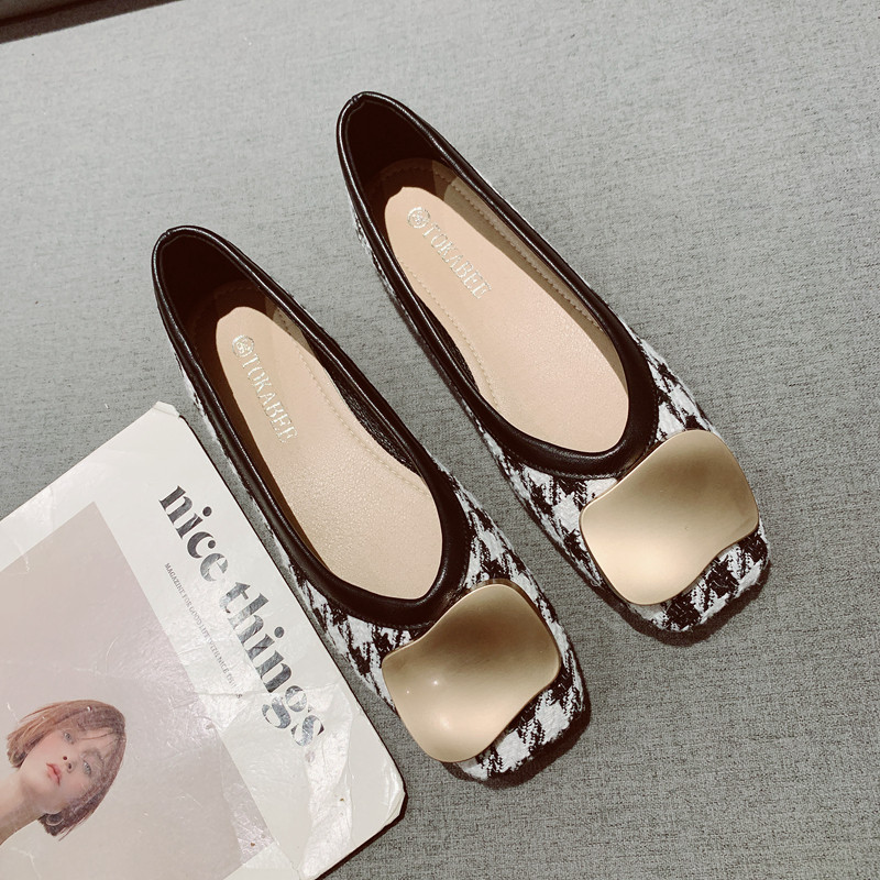 格子布面复古方头低跟工作瓢鞋女2025年新款金属扣一脚套软底单鞋,淘宝优惠券,粉丝福利购,淘宝优惠卷