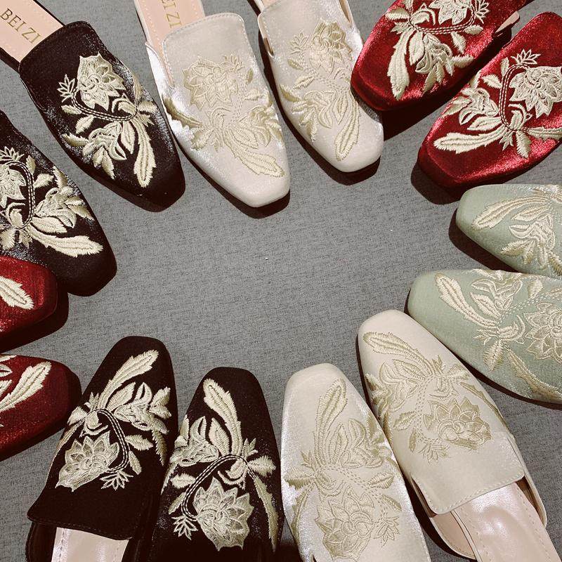 国风新中式包头刺绣旗袍鞋低跟凉拖鞋女2025春夏穆勒粗跟半拖女鞋,淘宝优惠券,粉丝福利购,淘宝优惠卷