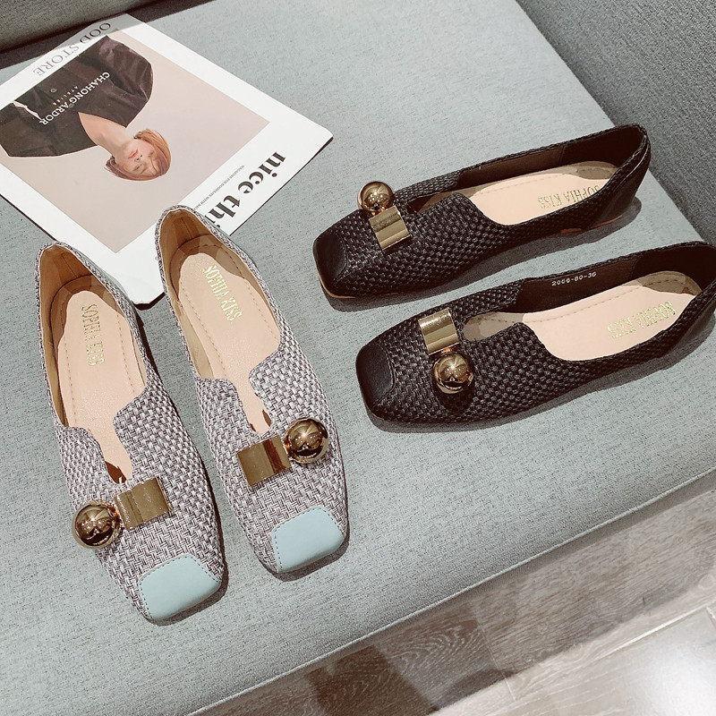 2024年新款金属扣编织面复古方头软底豆豆鞋舒适百搭平底鞋奶奶鞋