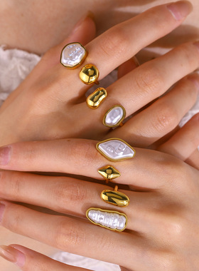 轻奢异形珍珠18K金钛钢开口戒指