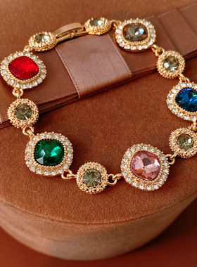 中古彩色锆石几何卡扣手链时尚复古百搭手环轻奢高级感手饰女