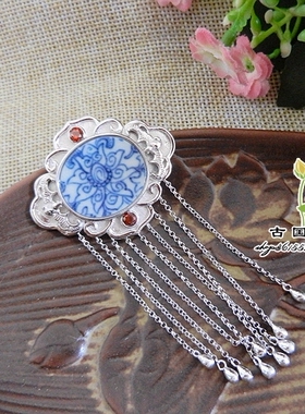 手工孤品纯银青花宝相花古瓷项坠