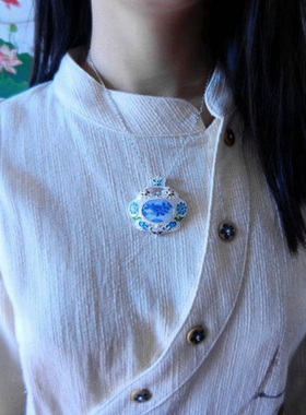 925银康熙青花古瓷项坠手工孤品