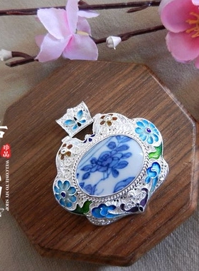 925银花丝镶嵌康熙老瓷项坠孤品