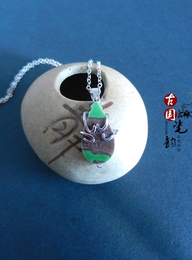 手工925纯银镶嵌 康熙御用官窑 古瓷老瓷片首饰礼品 锁骨链吊项坠