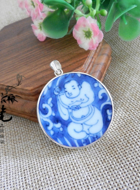 手工925纯银镶嵌 康熙 青花古瓷老瓷片首饰礼品 吊项坠 连生贵子