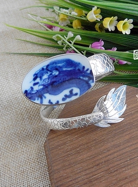 纯手工925银孤品青花古瓷手镯