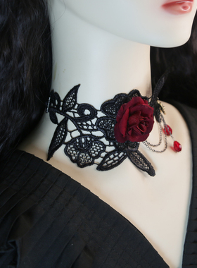 艾米米原创手工蕾丝山茶花流苏水晶时尚百搭气质锁骨蕾丝系带项链