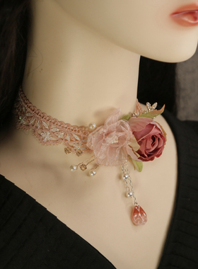 洋气洛丽塔原创手工项链新款蕾丝公主花朵配饰锁骨颈链脖子颈带