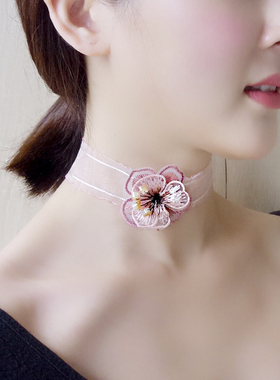 原创设计时尚复古欧根纱锁骨短款项链刺绣花朵水晶配饰唯美项圈