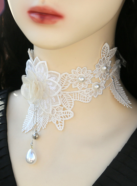 雪纱花朵白色挡疤蕾丝复古颈饰颈链流苏项链锁骨遮盖铃铛领子饰品