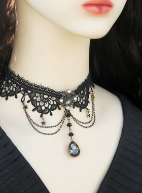 黑色暗黑蕾丝花边锁骨配饰蕾丝颈链项链lolita颈饰哥特风短款项链