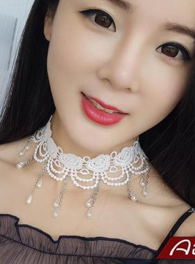 原创设计蕾丝轻奢流苏水晶项链花边