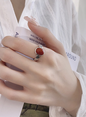 YES S925纯银铜钱南红戒指复古做旧血珀指环食指戒气质镶嵌个性女