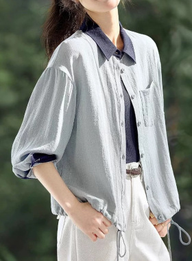 FALINDA STUDIO撞色拼接翻领松紧下摆宽松薄款衬衫式外套女