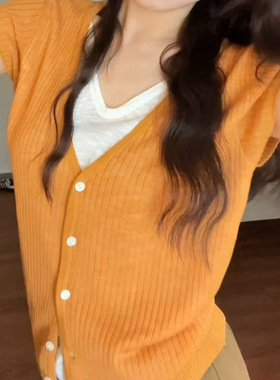 多巴胺穿搭黄色冰丝针织短袖T恤女夏季设计感小众漂亮假两件上衣