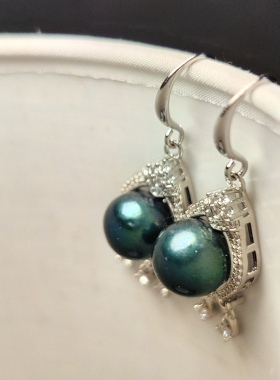 手工制作 9-10mm天然淡水珍珠孔雀绿珍珠锆石耳钉  耳坠