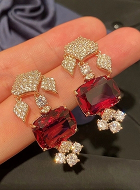 唐艺昕同款鸽血红碧玺红宝石耳环复古百搭女式戴出高级感