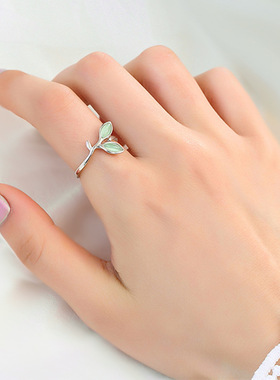 韩版叶子开口女戒ins气质清新树叶枝芽食指关节指环组合