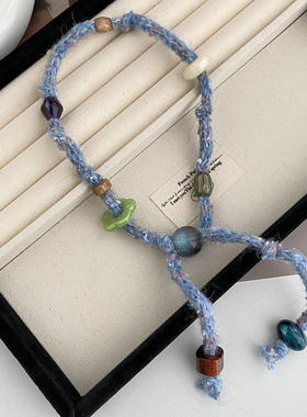 秋冬小众针织毛线串珠抽拉项链女