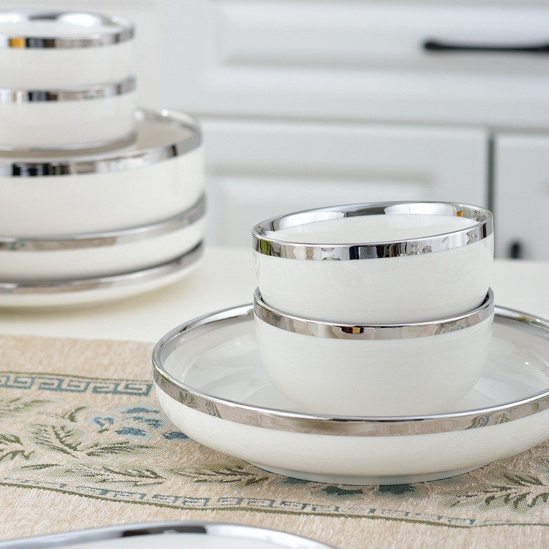 热销盘碟银饭碗汤碗圆盘鱼盘深盘碗轻奢勺组合套装陶瓷餐具彩盒送,淘宝优惠券,粉丝福利购,淘宝优惠卷