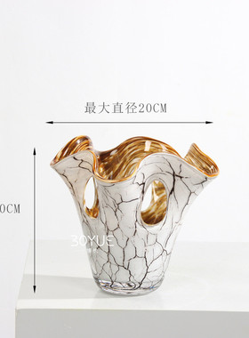 现代简约白色裂纹黄色内里镂空玻璃花瓶样板房客厅餐厅花艺软装饰