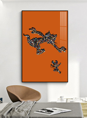 爱马橙色客厅沙发背景装饰画积乐木大象实物挂画玄关走廊高鹿画