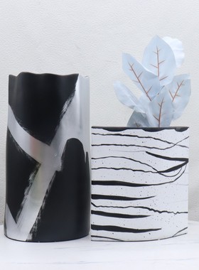热销新中式水墨黑白花瓶树脂手绘花器玄关客厅插花样板间餐桌软装