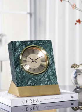 热销轻奢高档酒店金属时钟摆件创意家居天然大理石客厅卧室钟表饰