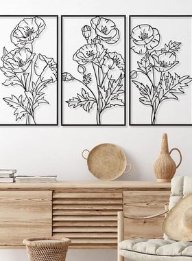 黑色金属墙艺术极简浴室墙壁装饰卧室花卉主义墙艺术花卉线墙雕塑