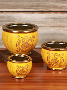 陶瓷金边米缸黄色百福缸招财进宝聚宝盆聚福家用乔迁客厅招财摆件