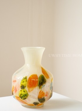 装饰品摆件水彩手工玻璃花瓶中古奶油色玄关琉璃法式插花器高级感