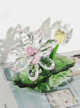 热销轻奢中式简约荷工艺品桌面办公摆件水晶花带苞花瓣仿真植物装