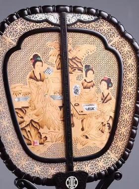 宫扇古典国风红木扇子摆件屏风玄关装饰团扇檀香木中式黑檀木民俗