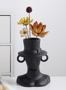 现代黑色烛台花瓶客厅艺术轻奢装饰摆件桌面