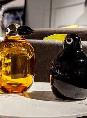 热销晶淳厚玻璃款彩色小鸟桌面摆件琥珀色黑色复古撞色吹制重工艺