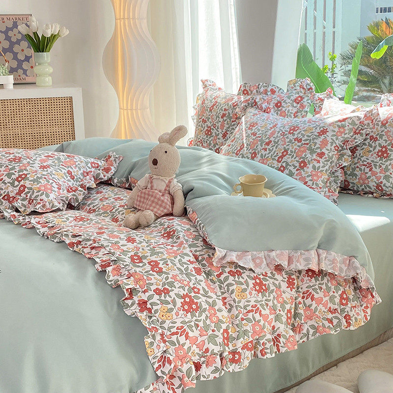 韩式双层纱纯棉床裙款四件套全棉床单被套罩床笠学生宿舍3三件套4,淘宝优惠券,粉丝福利购,淘宝优惠卷