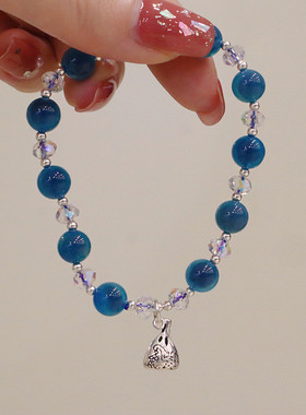适用蓝色妖姬天然糖心玛瑙手链女925纯银钱袋子吊坠小众设计显白