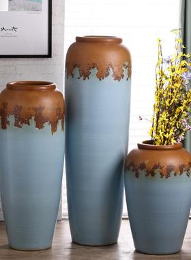 复古蓝色中式餐厅会所落地大号艺术陶罐景观陶瓷花瓶盆园林摆件设