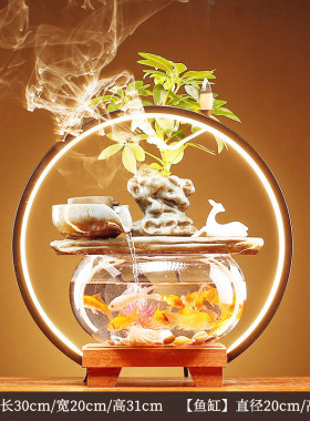 新中式创意家用办公开业装饰造景养鱼缸流水生财摆件桌面过滤陶瓷