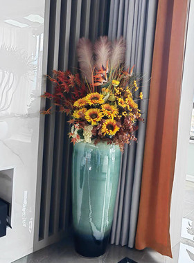 陶瓷落地大花瓶摆件客厅酒店插花绿色装饰简约现代大号居家干花